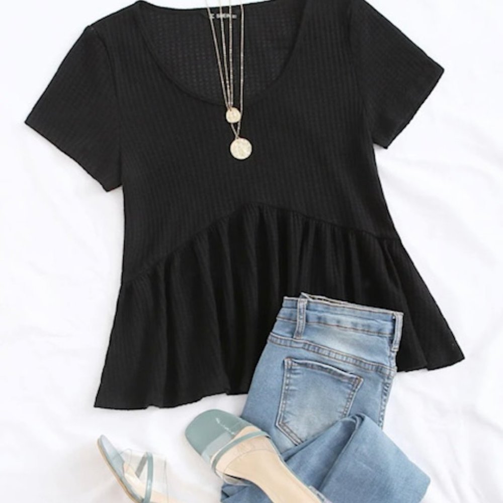 Black V Neck Rib Knit Peplum Top